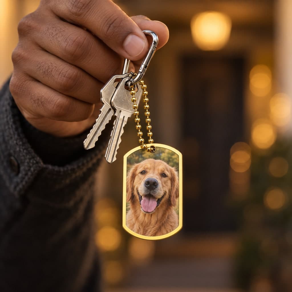 Gold dog tag keychain printed with a golden retriever photo, held up with house keys