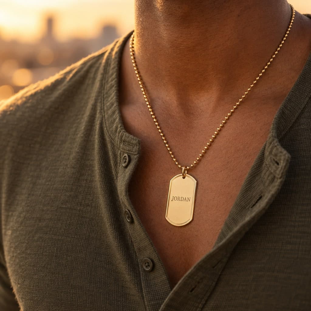 Gold dog tag necklace engraved JORDAN, worn with an olive henley