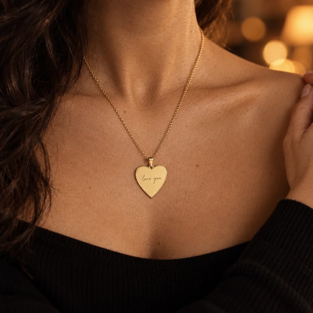 Gold heart pendant engraved love you, worn with a black off-the-shoulder top