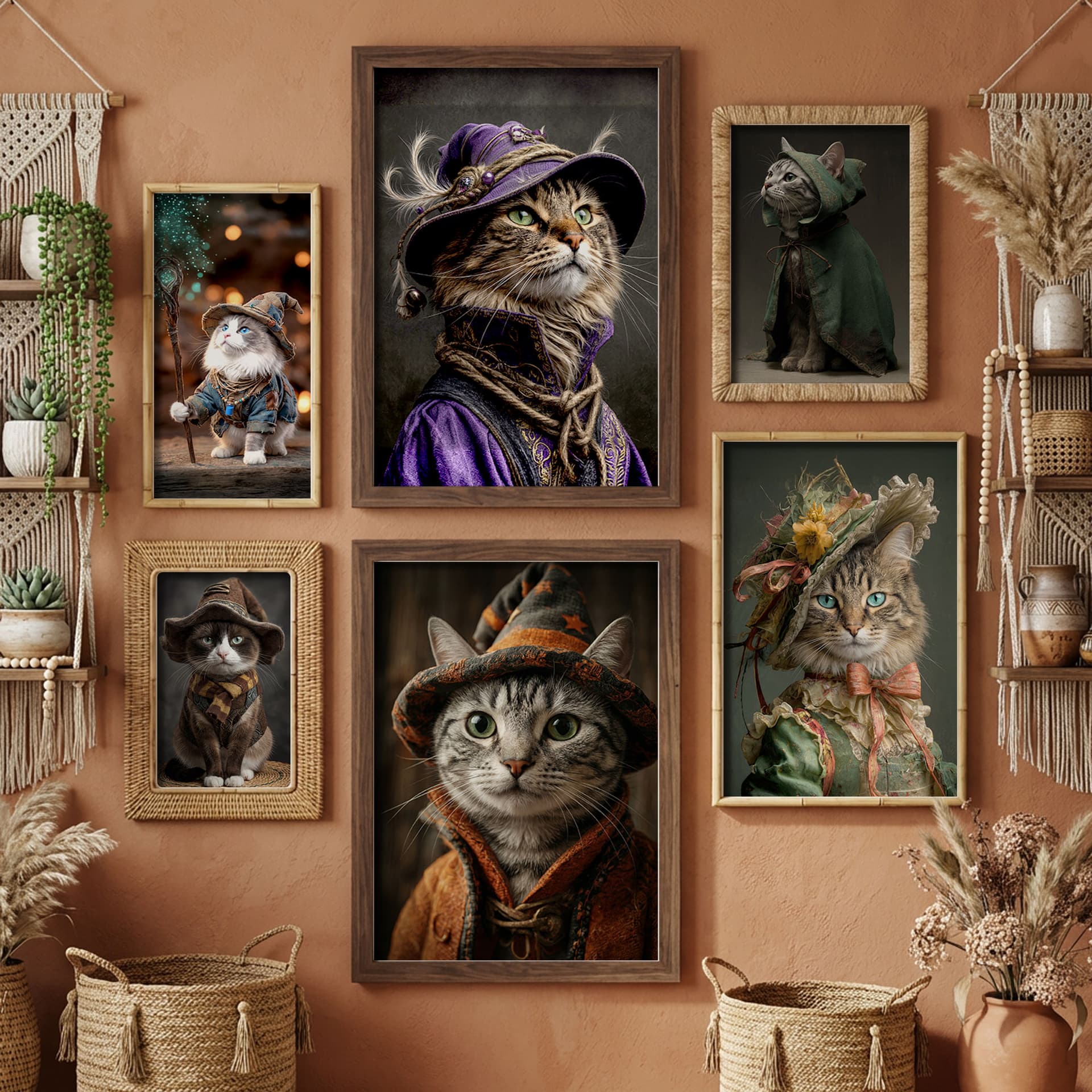Gallery wall showcasing custom cat portrait from photo service in watercolor and oil painting styles with costume themes