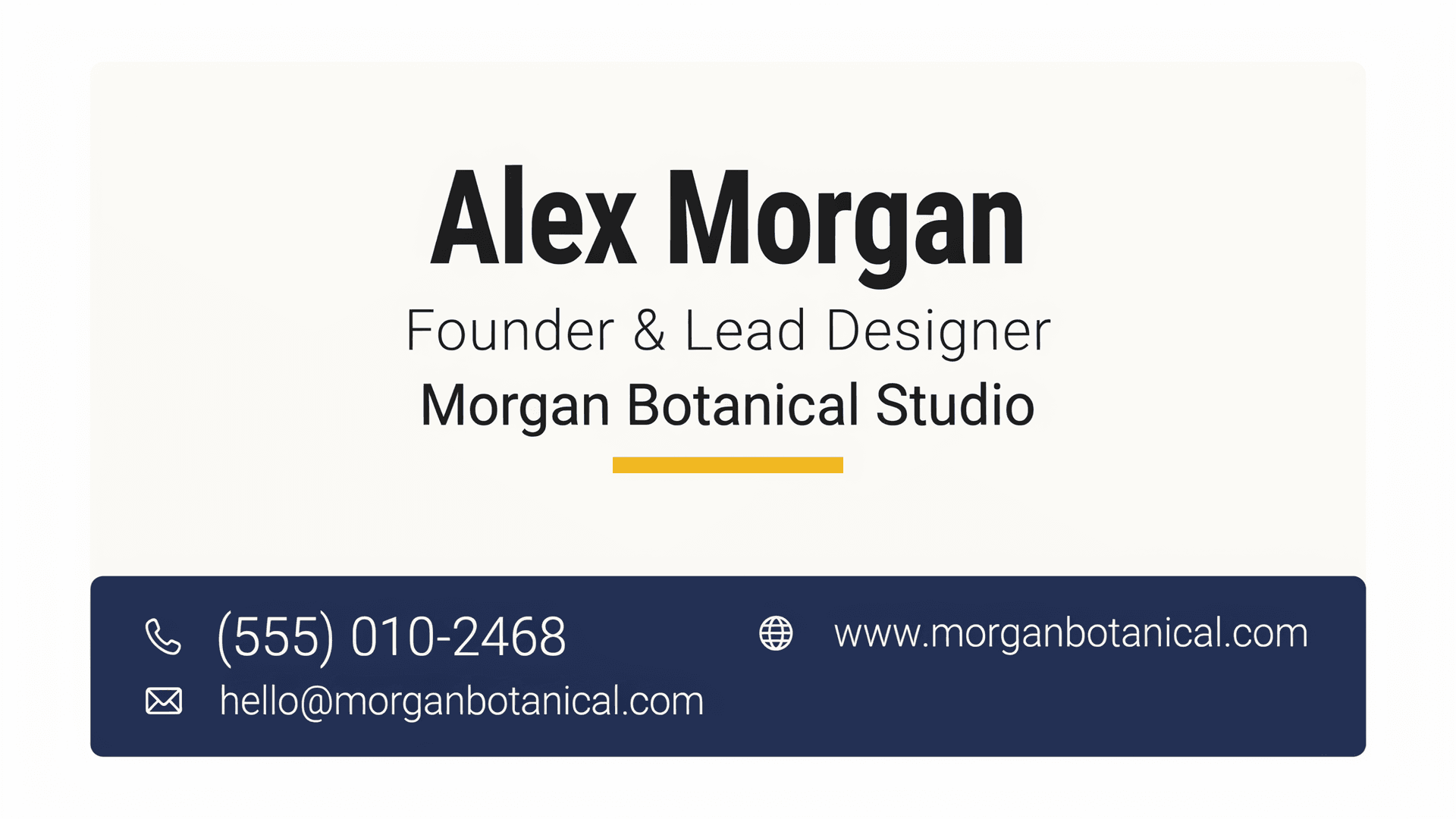 Modern Bold custom business card sample with an oversized bold name, an accent bar and contact details in their own inset navy panel, by BelDisegno Studio